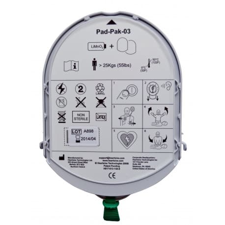 Cartouche HeartSine Pad-Pak-03 combinant batterie et électrodes pour défibrillateur samaritan PAD, avec pictogrammes d'utilisation.