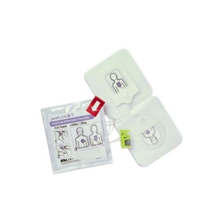 Paire d'électrodes pédiatriques ZOLL Pedi-padz II avec illustrations de positionnement sur un enfant.