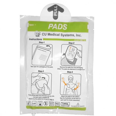 Paire d'électrodes adultes CU Medical pour défibrillateur i-PAD SP1, dans son emballage avec instructions de positionnement.