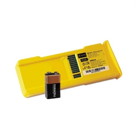 Bloc batterie jaune Defibtech Lifeline DCF-E200 accompagné d'une pile auxiliaire de 9 V.