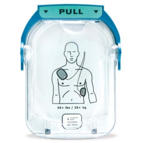 Cartouche transparente d'électrodes adultes Philips HeartStart HS1 M5071A, avec illustrations de positionnement sur le thorax.
