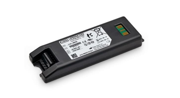 Batterie noire de remplacement pour défibrillateur LIFEPAK CR2 Physio-Control, avec connecteur électrique intégré.