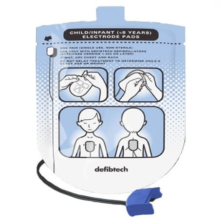 Paire d'électrodes pédiatriques Defibtech Lifeline DDP-200P sous emballage bleu, avec câble et illustrations de positionnement sur l'enfant.