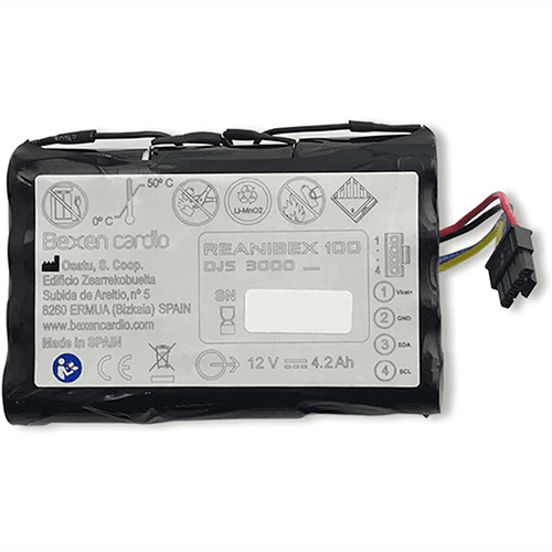 Batterie de remplacement Bexen Cardio pour défibrillateur Reanibex 100, avec connecteur électrique.
