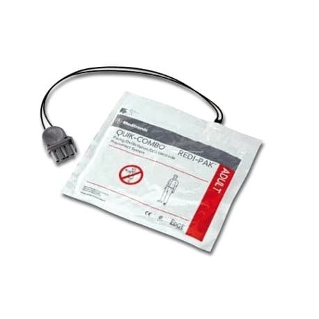 Électrodes multifonctions Physio-Control QUIK-COMBO REDI-PAK dans leur emballage de protection, avec câble de connexion.