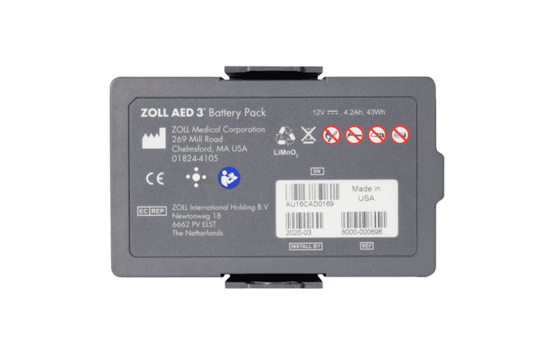 Batterie noire au lithium ZOLL AED 3 avec connecteurs intégrés et étiquette du fabricant.