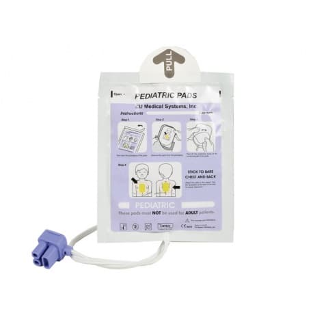 Paire d'électrodes pédiatriques CU Medical pour défibrillateur i-PAD SP1, sous emballage avec câble et connecteur violet.