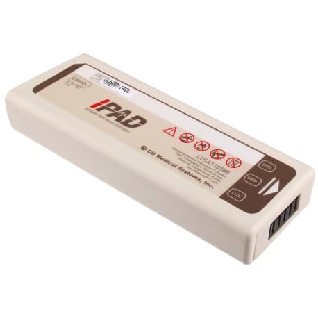 Batterie CU Medical i-PAD NFU-1200 pour défibrillateur automatisé externe, boîtier rectangulaire blanc avec connecteur.