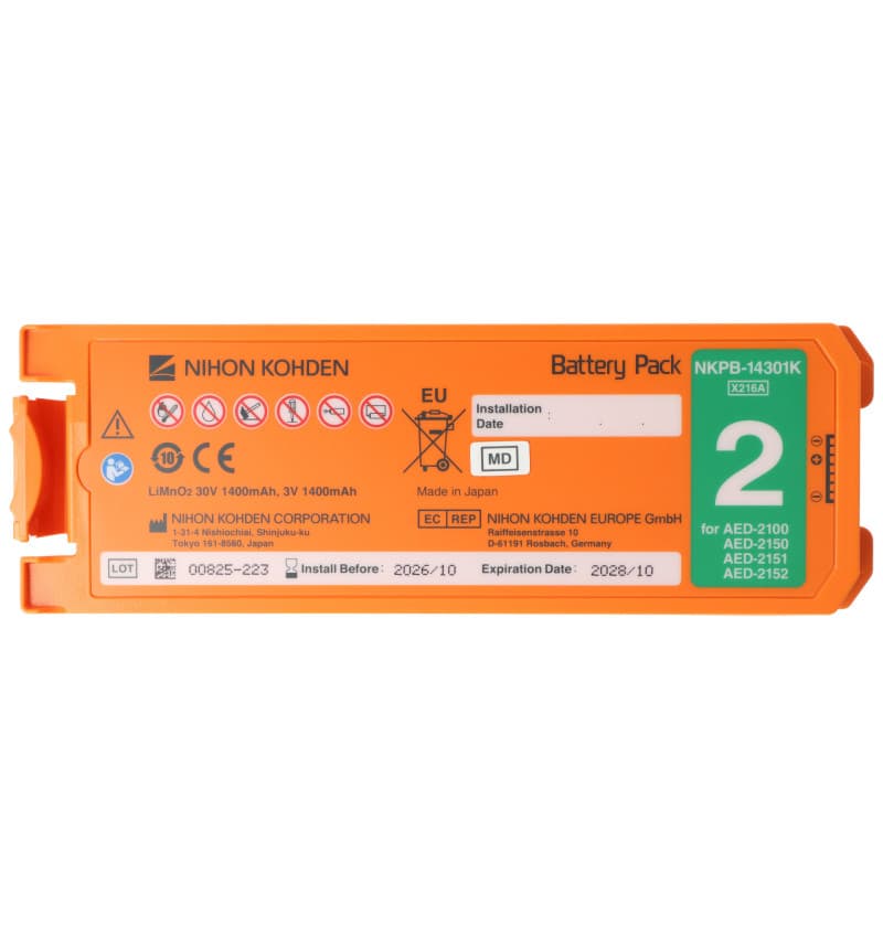 Batterie orange Nihon Kohden NKPB-14301K pour défibrillateurs AED-2100, AED-2150, AED-2151 et AED-2152.