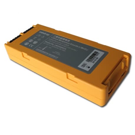 Batterie de remplacement Mindray BeneHeart D1, boîtier orange avec connecteur électrique intégré.