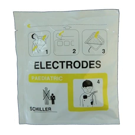 Électrodes pédiatriques SCHILLER FRED easy destinées à la défibrillation des enfants.