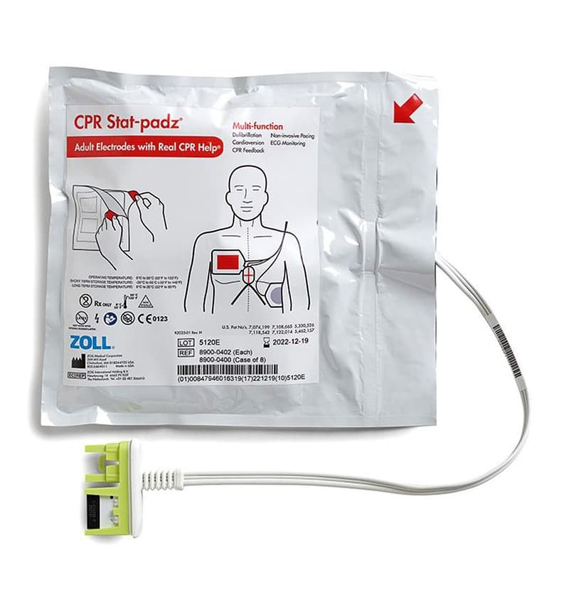 Électrodes adultes ZOLL CPR Stat-padz II avec capteur de compressions thoraciques, emballage argenté et connecteur vert.