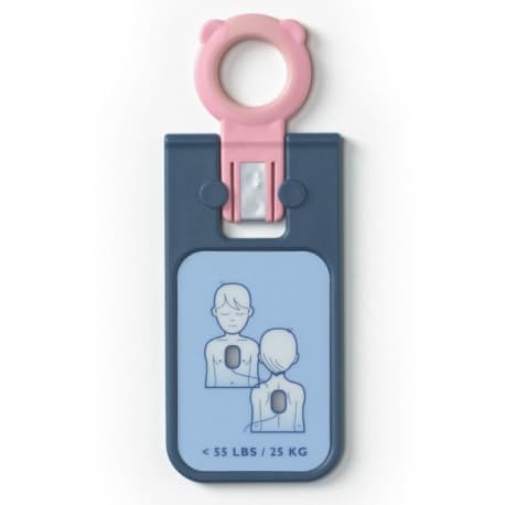 Clé pédiatrique Philips HeartStart FRx bleue et rose, avec pictogrammes de positionnement des électrodes sur un enfant.