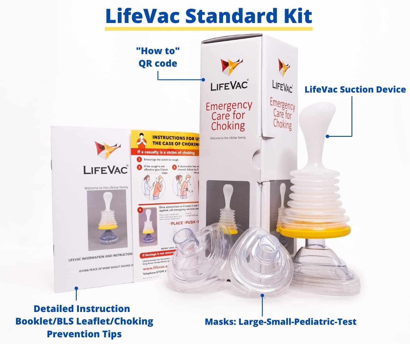 Kit LifeVac anti-étouffement comprenant un dispositif d'aspiration manuelle, plusieurs masques faciaux et une documentation d'utilisation.