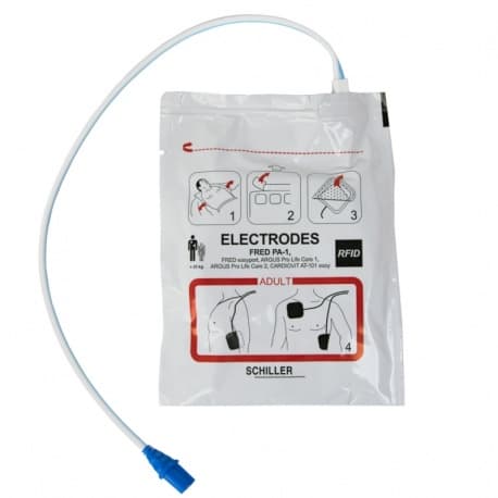 Paire d'électrodes adultes préconnectées SCHILLER FRED PA-1 avec câble et connecteur.