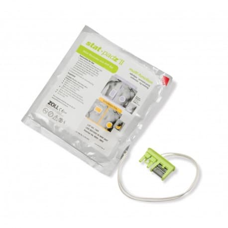 Paire d'électrodes adultes ZOLL Stat-padz II pour défibrillateur compatible, avec câble et connecteur.