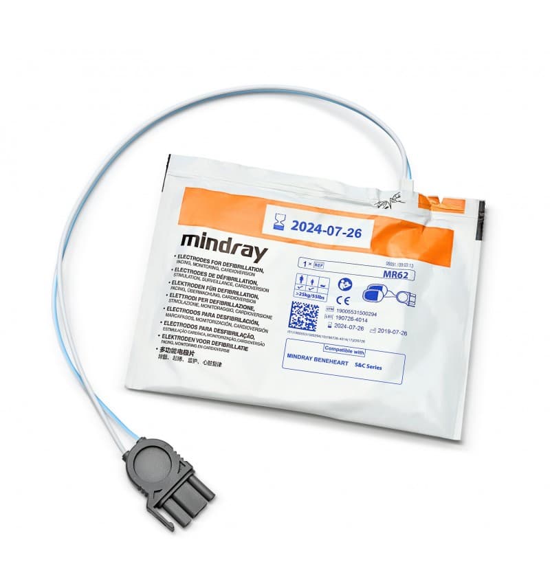 Paire d'électrodes Mindray BeneHeart C-Series sous emballage blanc et orange, avec câble de connexion.
