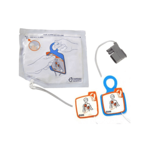 Paire d’électrodes pédiatriques Cardiac Science pour défibrillateur Powerheart G5, avec câble de connexion et illustrations de positionnement.