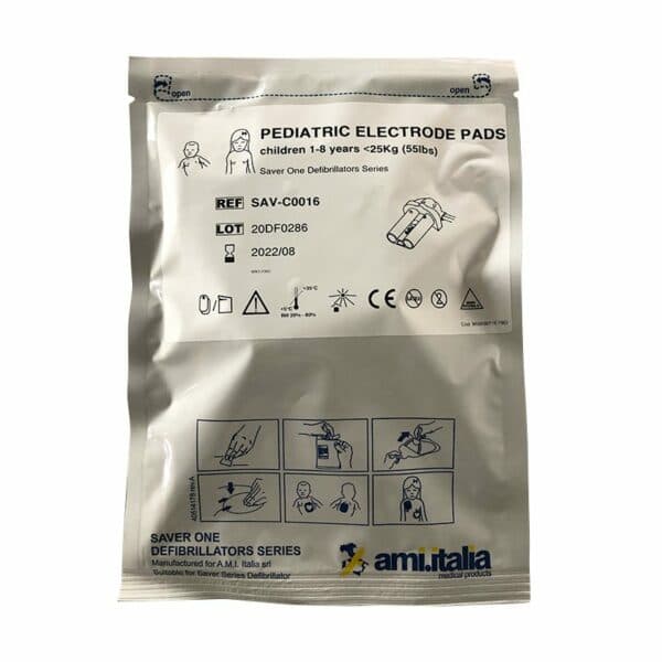 Paire d'électrodes pédiatriques AMI Italia Saver One, référence SAV-C0016, dans son emballage de protection.