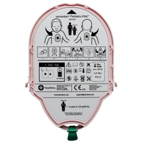 Cartouche pédiatrique HeartSine Pediatric-Pak pour défibrillateur samaritan PAD, avec pictogrammes de positionnement des électrodes sur l'enfant.