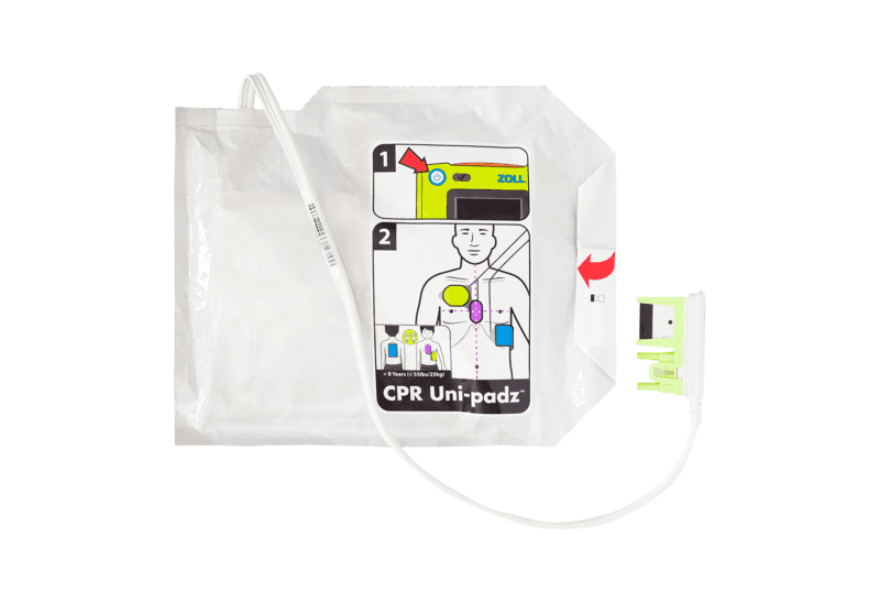 Électrodes adultes ZOLL CPR-D-padz avec capteur de compressions thoraciques, câble et connecteur vert.