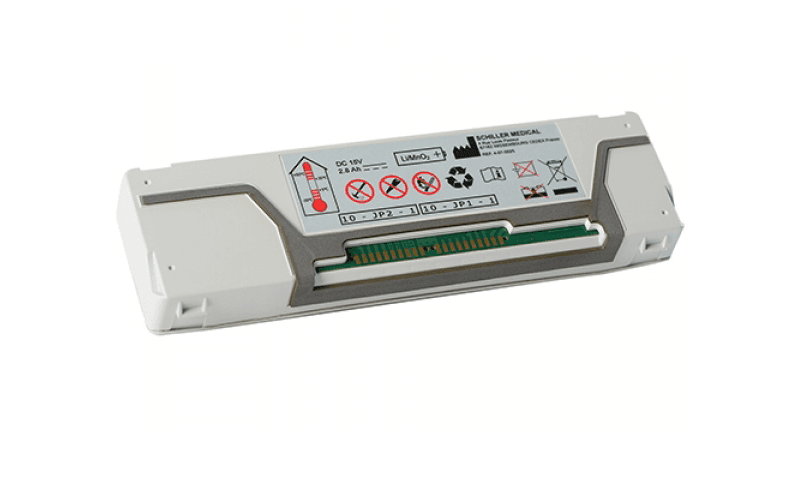 Batterie SCHILLER FRED PA-1 destinée à l'alimentation du défibrillateur automatisé externe.