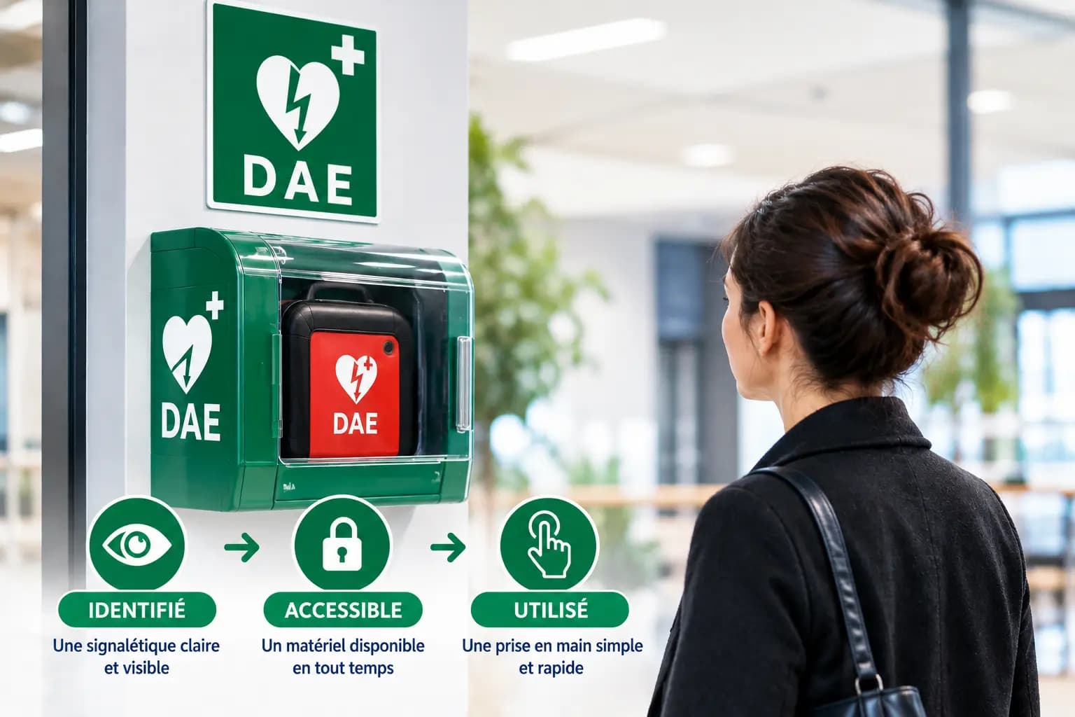 Défibrillateur accessible et clairement signalé dans un espace public