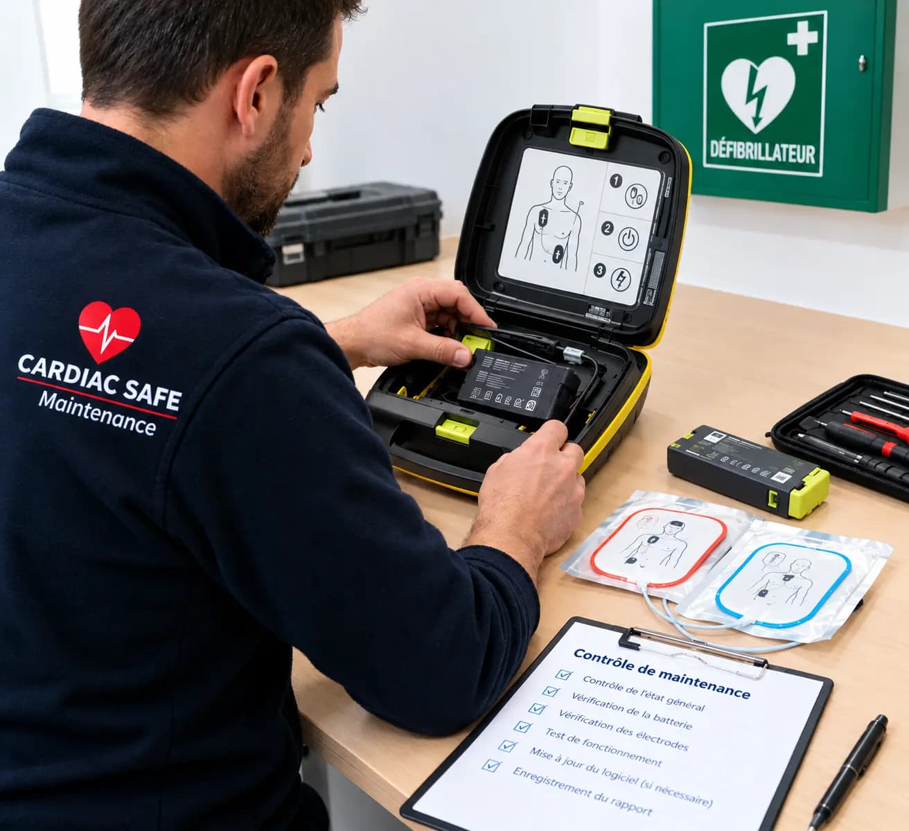 Technicien Cardiac Safe contrôlant un défibrillateur et ses consommables